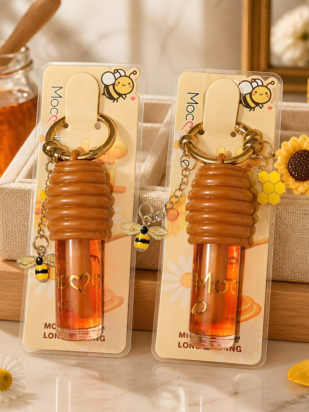Bee Charm Honey Pot Lip Gloss Keychain - Set Of 2